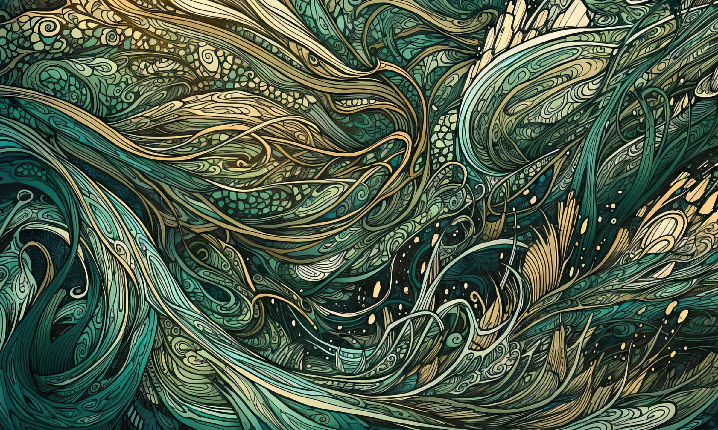 Wzór fototapety Crazy Waves – ornamentalne fale w zieleni, złocie i czerni