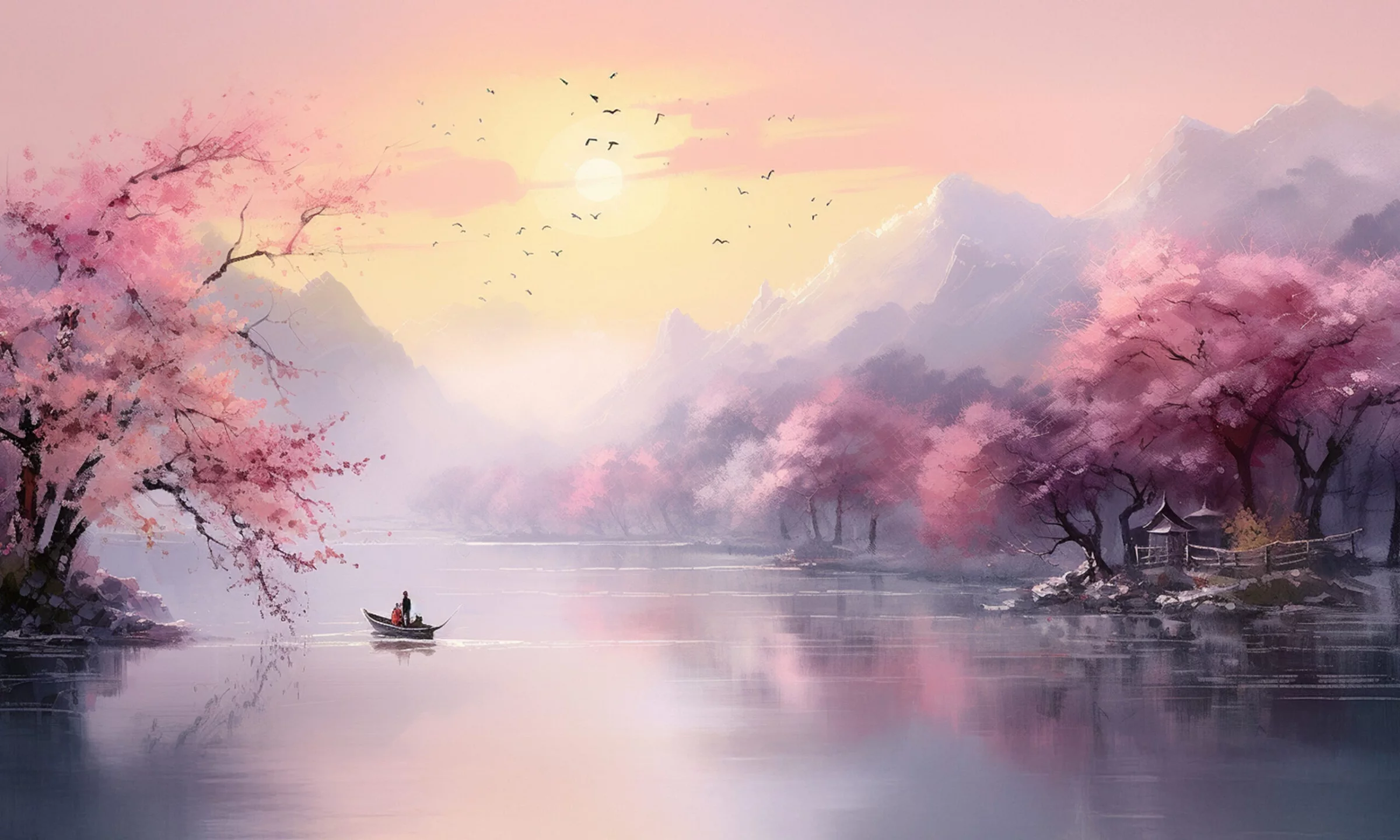 Wzór fototapety Poranna sakura – różowe kwiaty wiśni nad jeziorem i góry o świcie