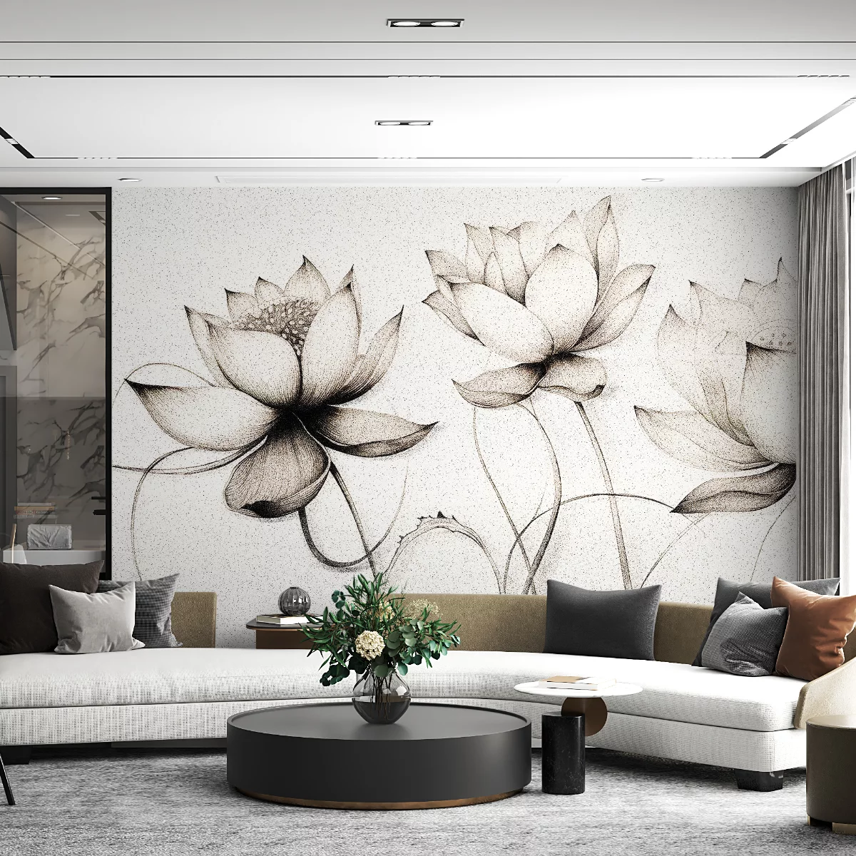 Przestronny salon z jasnym narożnikiem na tle fototapety z rysunkowymi kwiatami lotosu