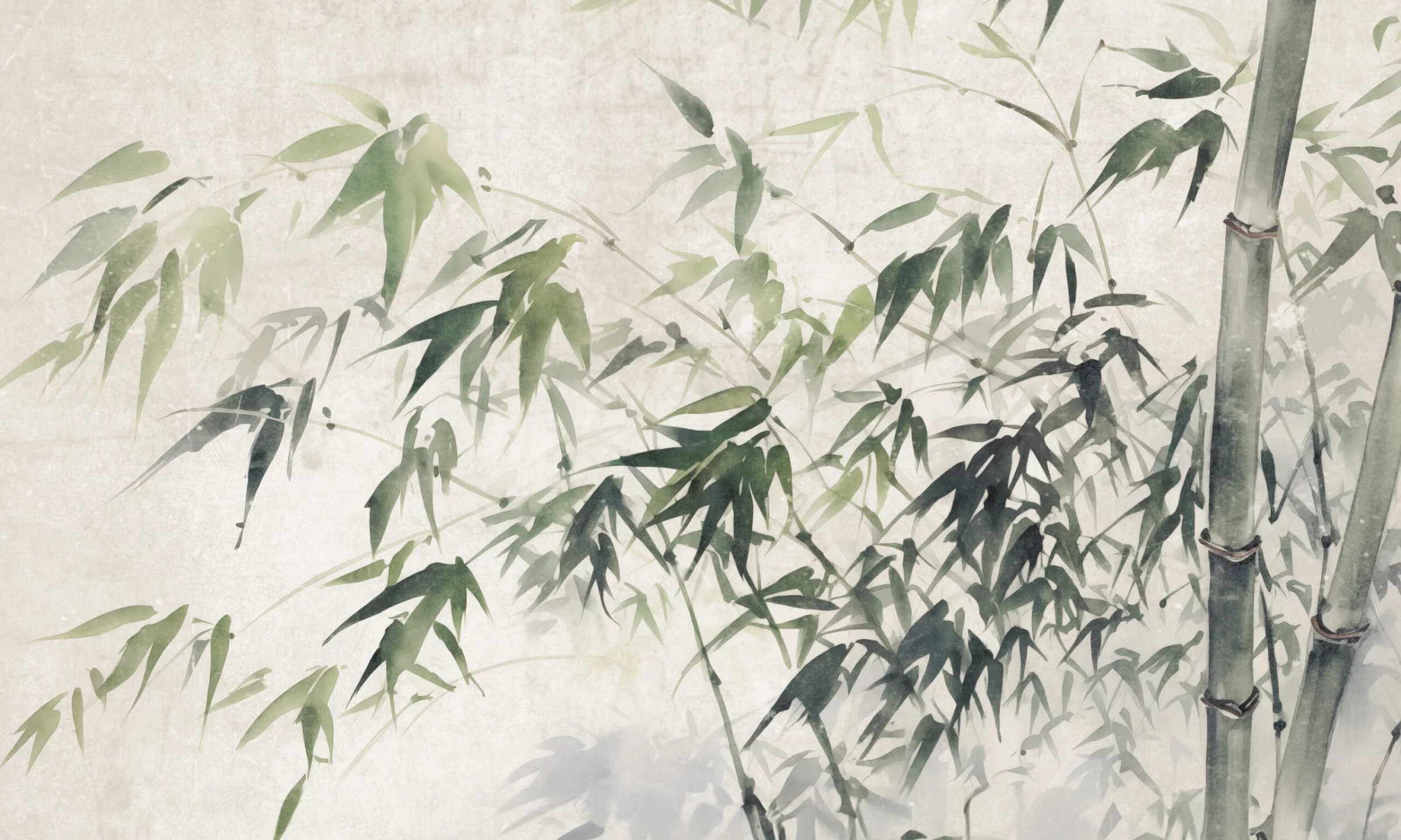 Wzór fototapety Green Bamboo – akwarelowe łodygi i liście bambusa w zieleniach