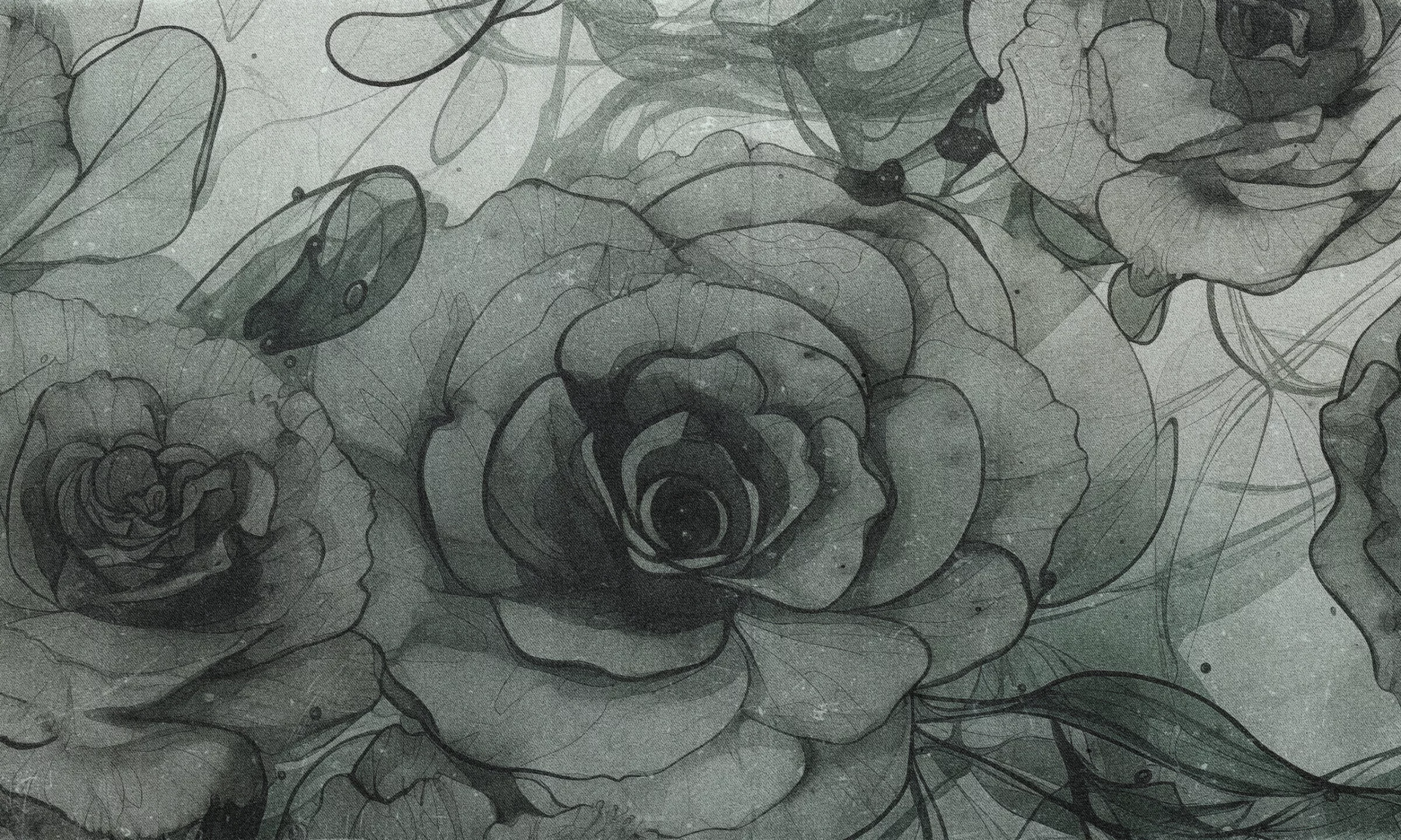 Wzór fototapety Green Roses – róże w butelkowej zieleni i szarości