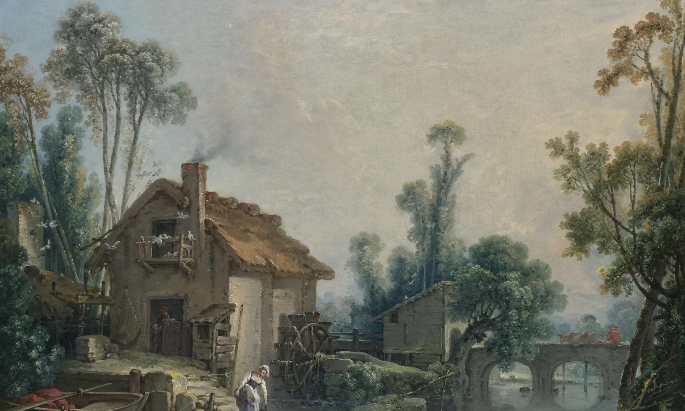 Reprodukcja obrazu François Bouchera – romantyczny pejzaż z młynem wodnym
