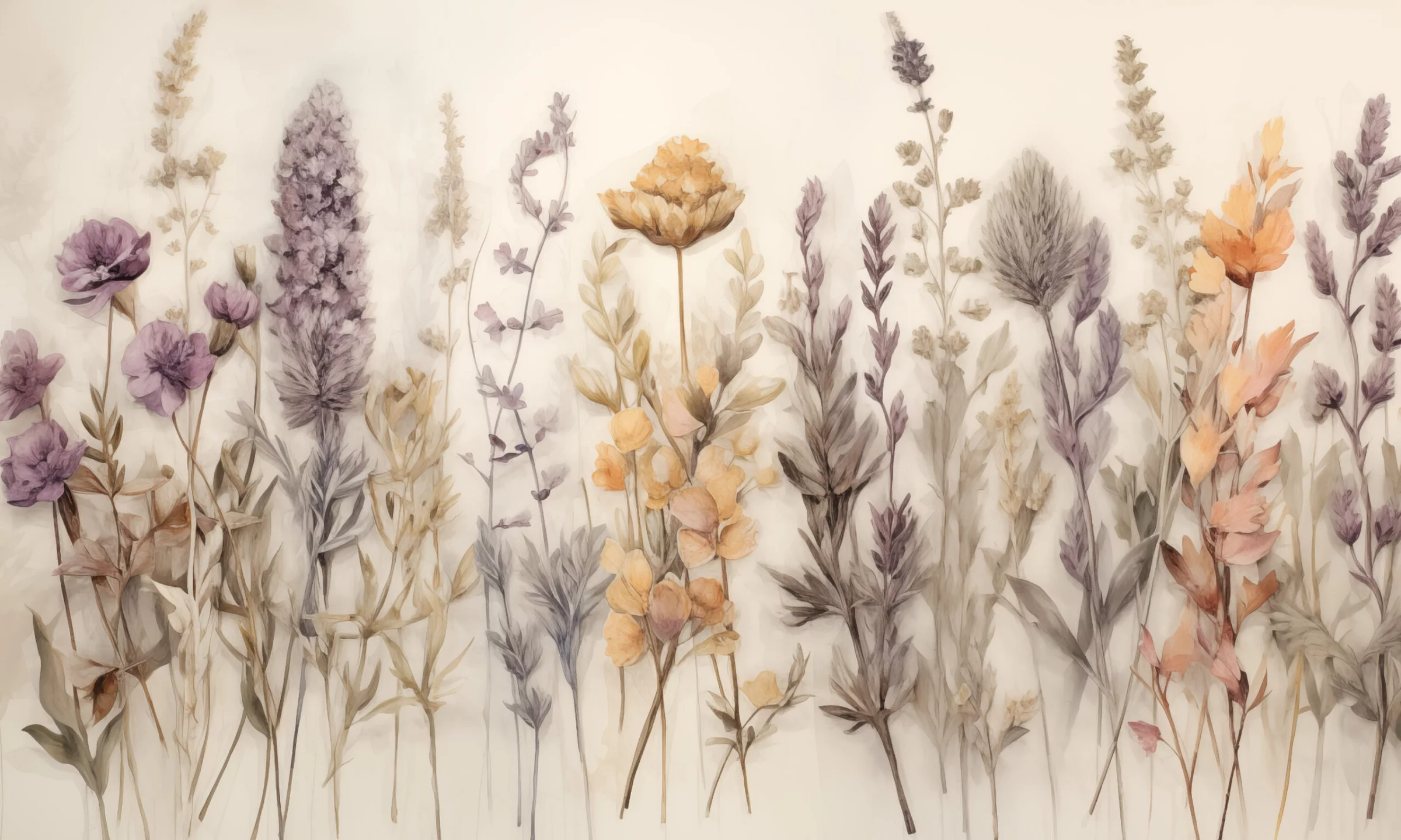 Wzór fototapety Zielnik – botaniczne kwiaty w fioletach, beżach i pomarańczach