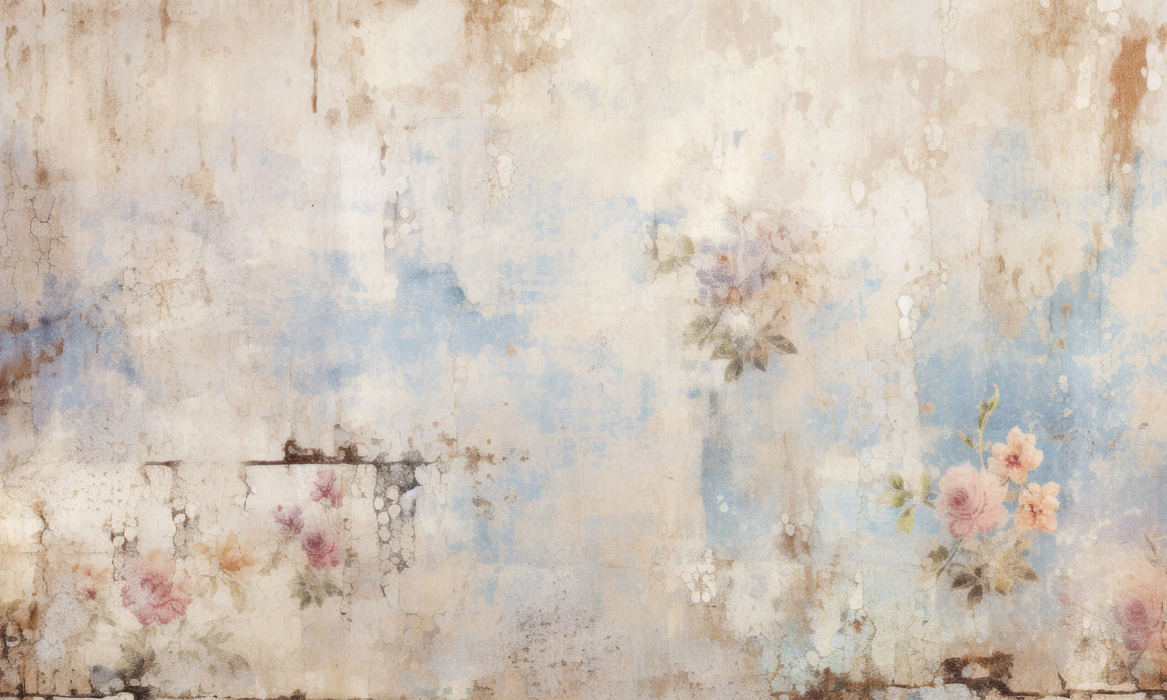 Wzór fototapety Shabby Chic – delikatne kwiaty na przetartej fakturze w błękitach i różach
