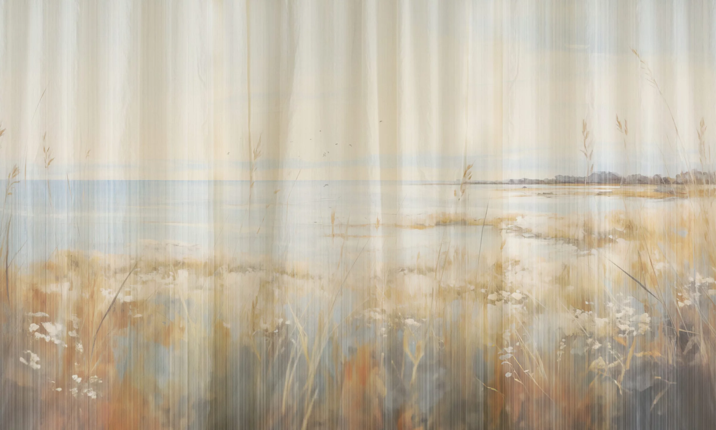 Wzór fototapety Sleepy Meadow – zamglony pejzaż łąki w pastelach