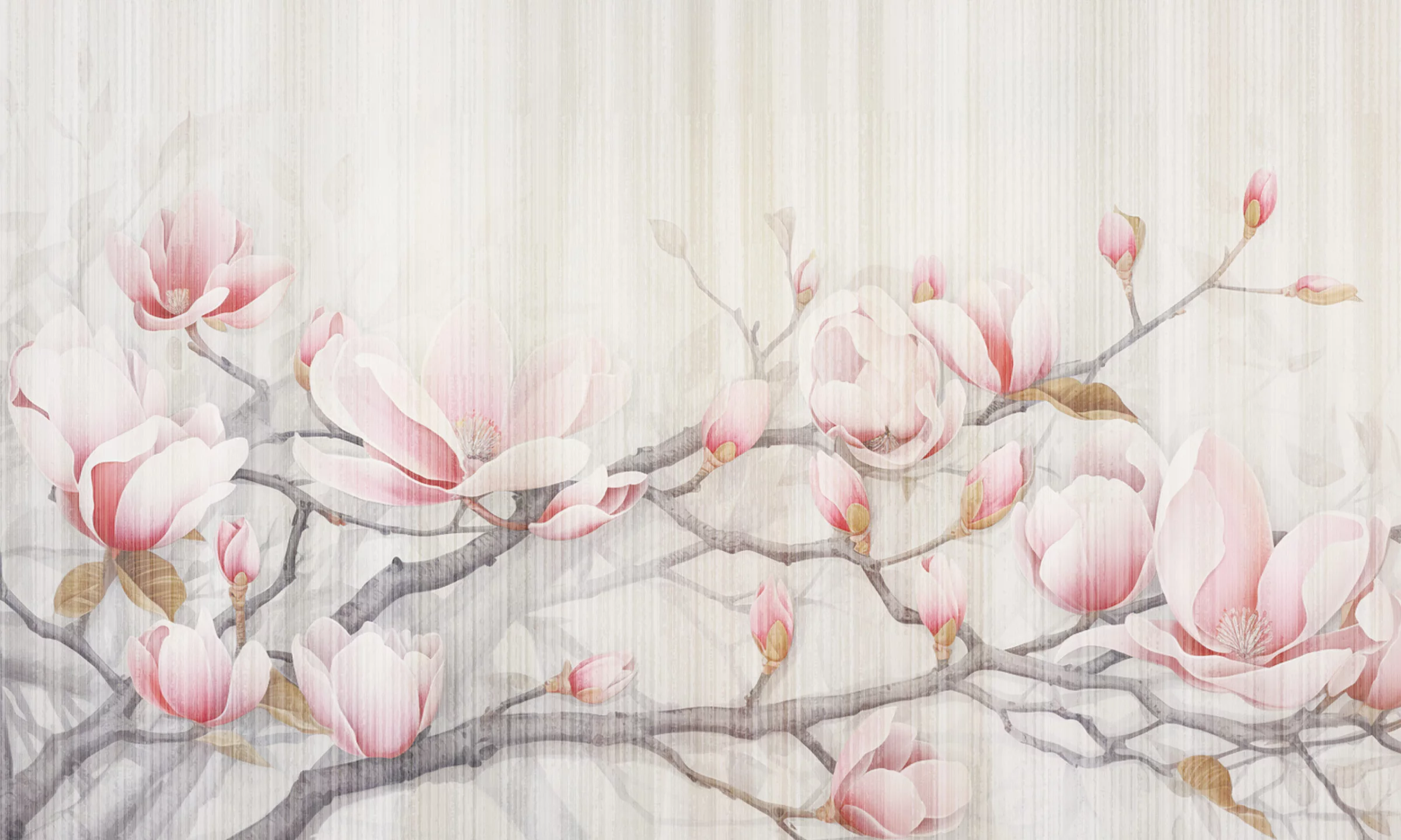 Wzór fototapety Magnoliowy ogród – akwarelowe gałązki magnolii w różu i bieli